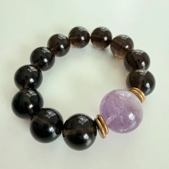 Large Unisex Smoky Quartz & Amethyst Statement Bracelet - 21mm - Picture 3 of 7